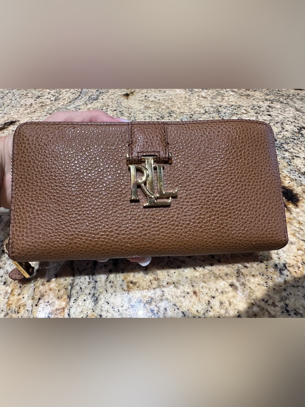 Ralph Lauren Tan Pebbled Leather Wallet with Gold RL Emblem